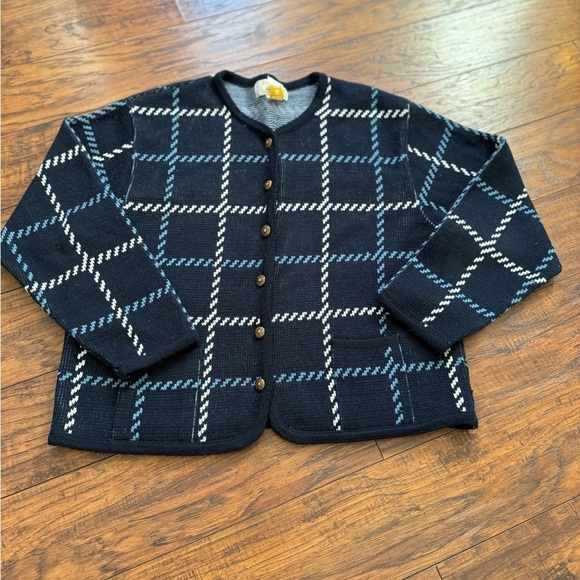 Vintage Tally Ho Blue White Checkered Knit Cardigan | Size Petite Large - Picture 2 of 8